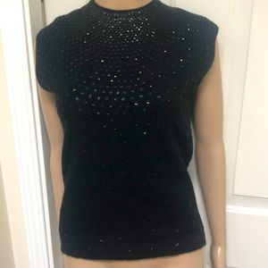VTG 60s Dragon House Black Wool Angora Sequins Beaded Sleeveless Sweater SZ 42